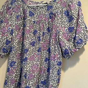 LOFT Women's Blouse with Blue and Pink Floral Pattern